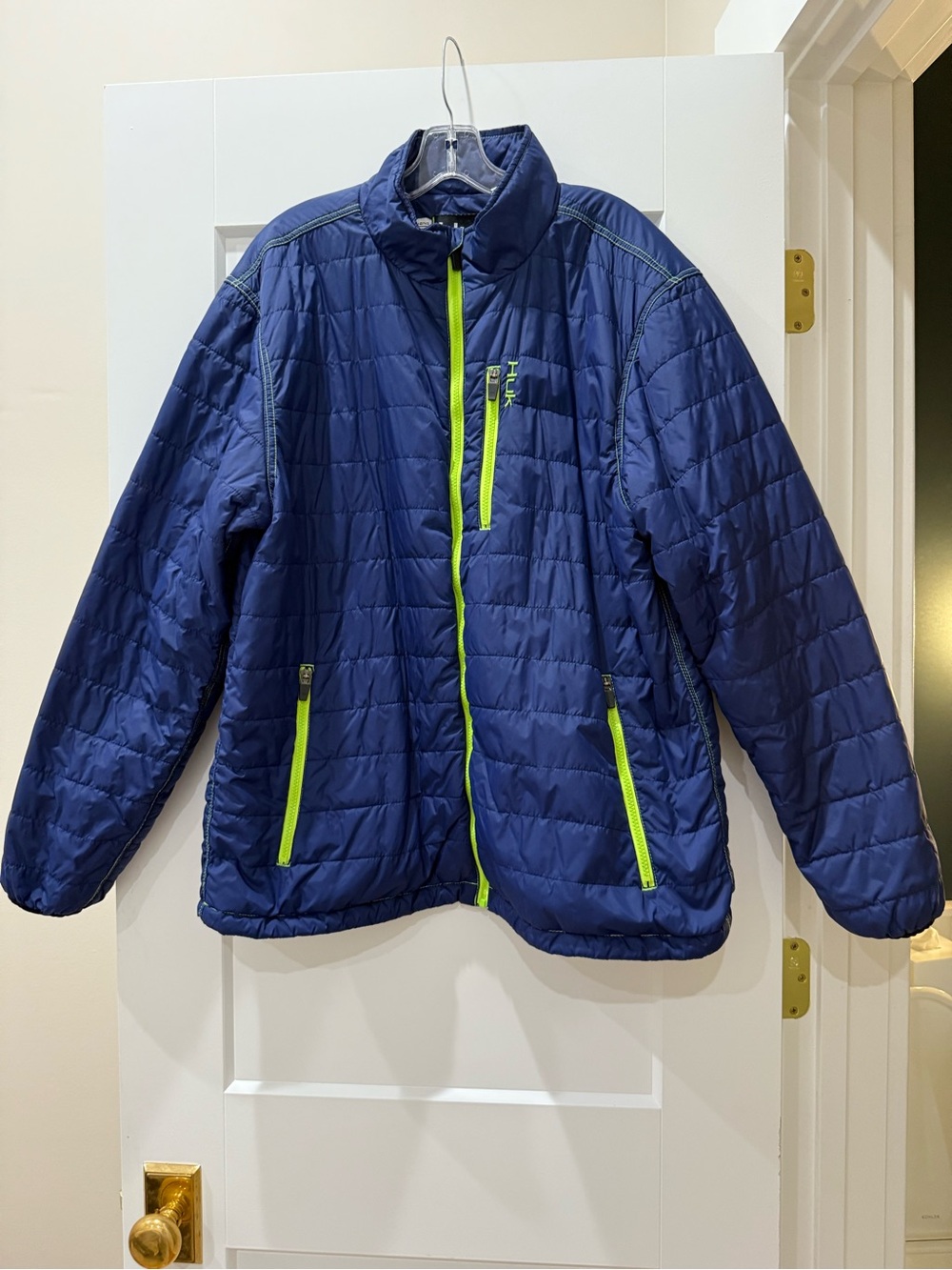 HUK Performance Fishing Men’s Quilted Jacket Blue Lime Full Zip Size L